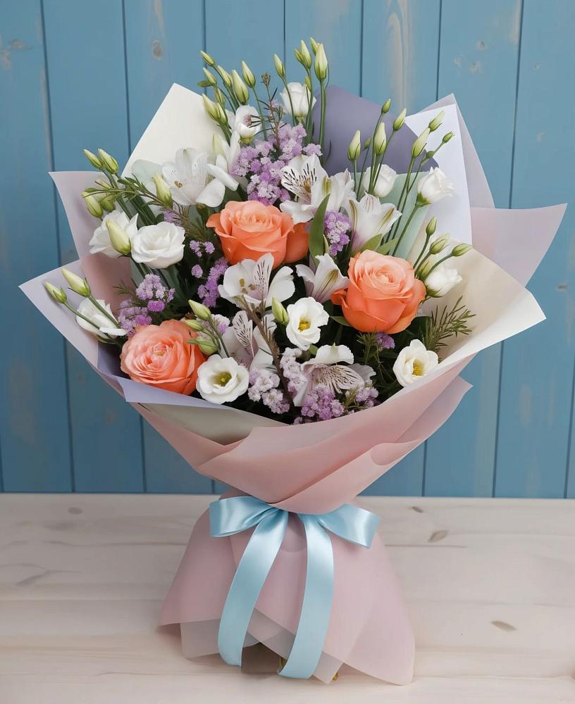 Букет цветов из: Лизиантусы, Розы, Альстромерии и Гипсофила в Красновидово