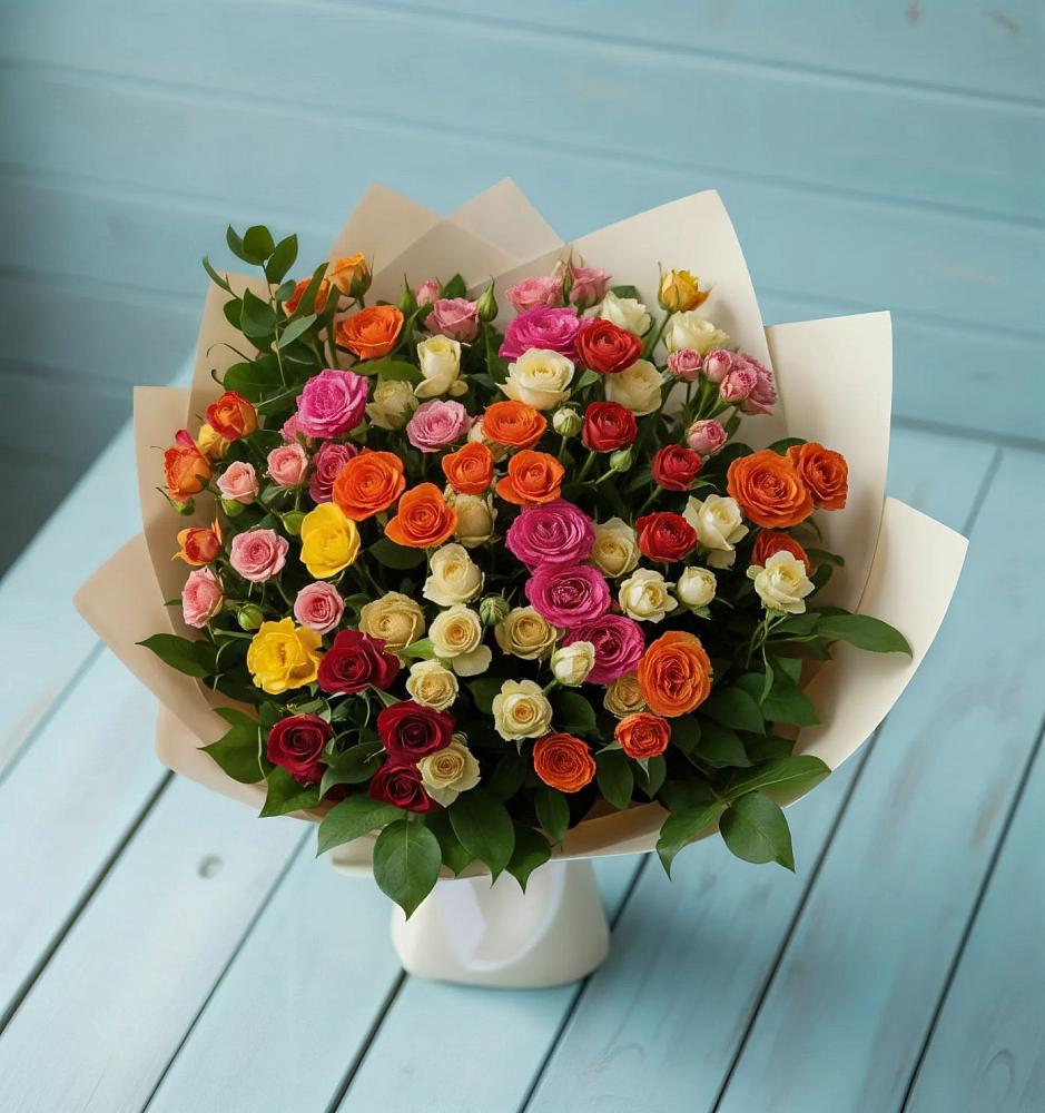 Букет Микс из разноцветных кустовых роз в Красновидово