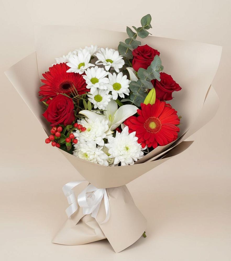 Букет цветов из: Розы, Хризантемы, Герберы и Лилии в Красновидово