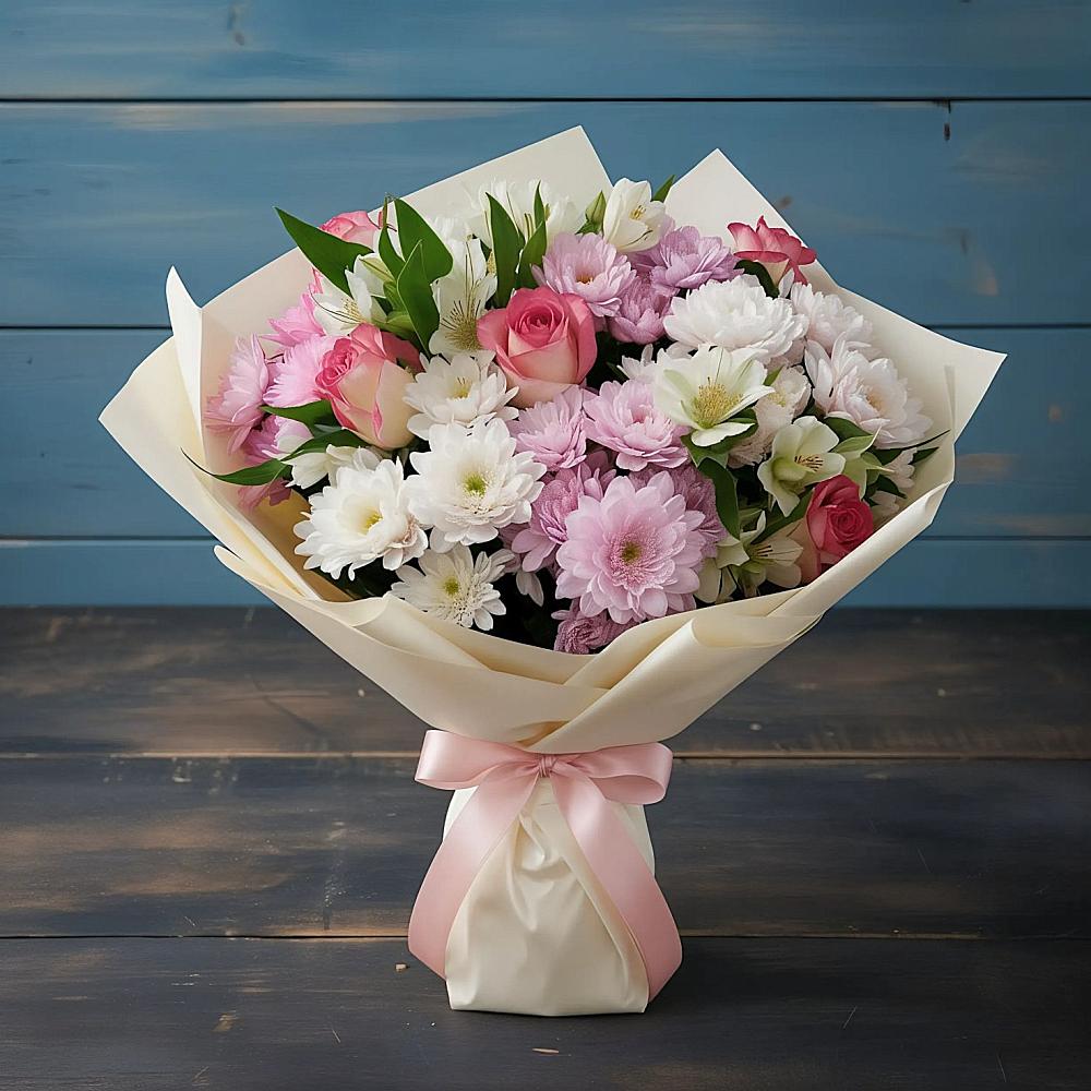 Букет цветов из: Хризантемы, Альстромерии и Розы в Красновидово